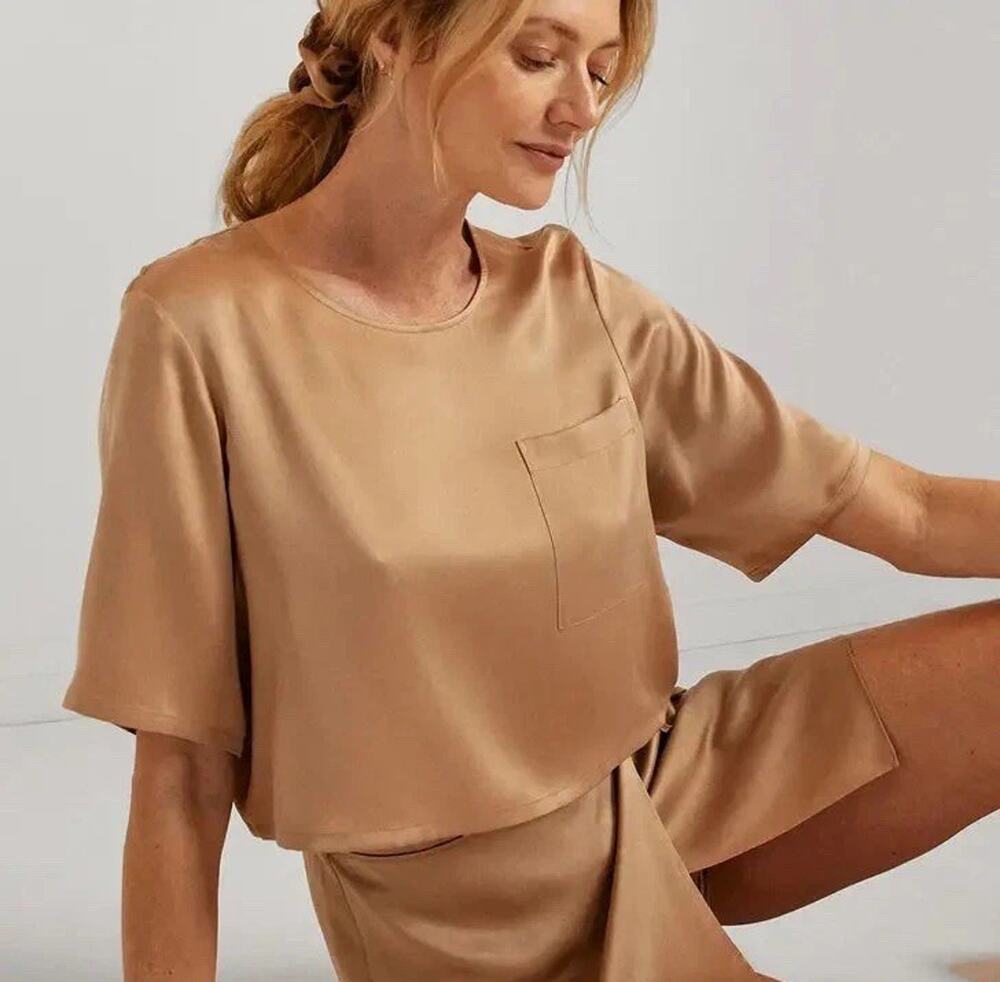 Lunya Washable Mulberry Silk Cropped Tee Hushed Tan L/XL 100% Silk